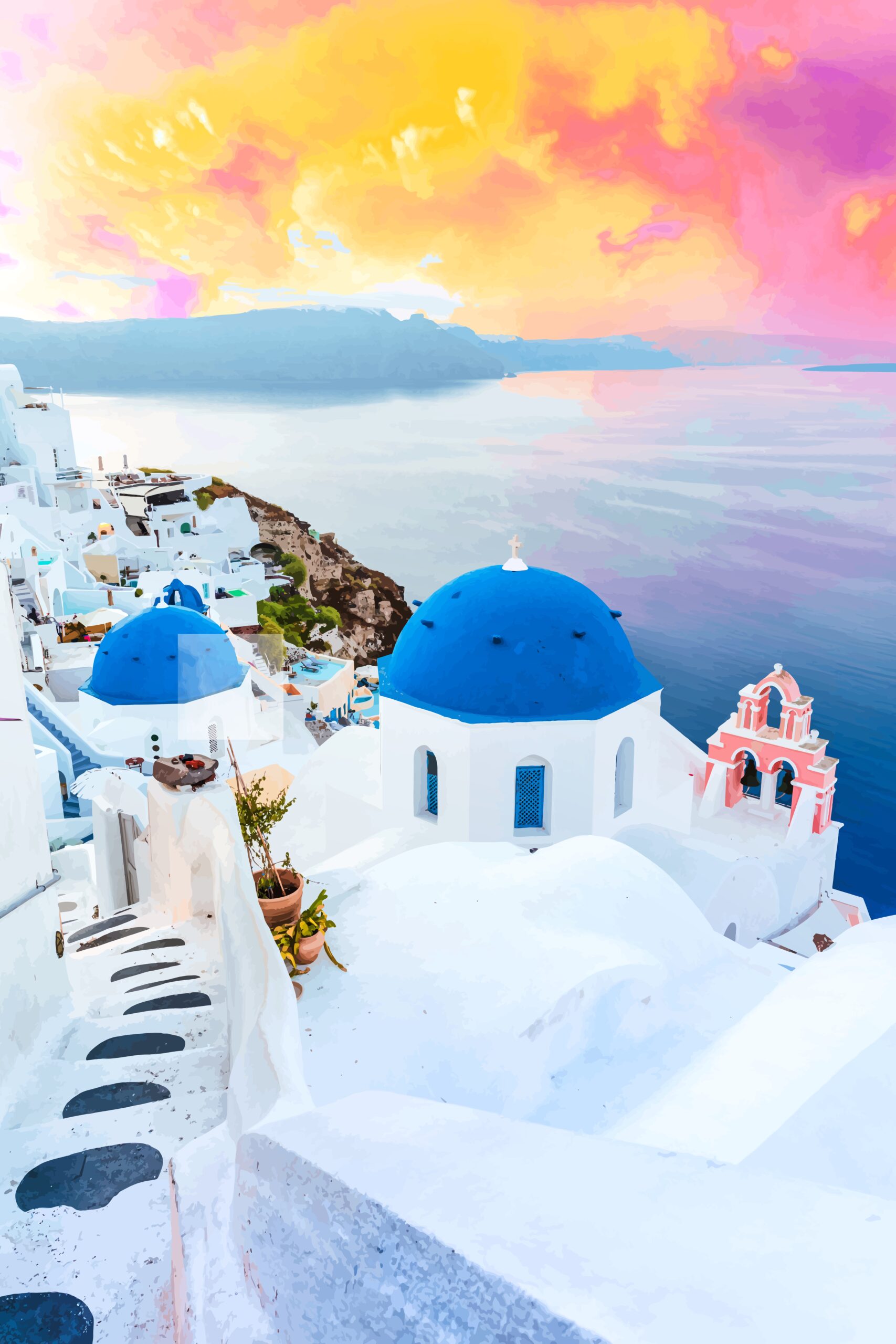 Pemandangan Santorini Greece dengan bangunan putih dan kubah biru
